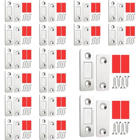 16 chiusure magnetiche per ante di armadi, chiusure magnetiche ultrasottili, autoadesive, con viti, per ante scorrevoli, cassetti, finestre, armadi, rettangolari, chiusura magnetica (argento) (1/5)
