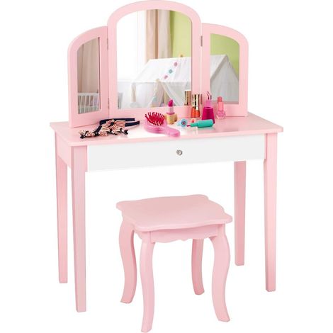 Costway – Coiffeuse enfant 2 en 1 avec miroir amovible et pliable – Dimensions 70 x 34 x 95 cm – MDF et bois de pin – Grand tiroir pour rangement
