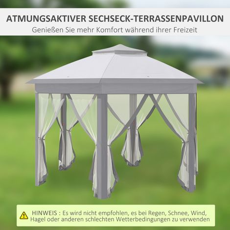 Pavillon pliable hexagonal 4x4 m avec rideaux en filet, imperméable, toit aéré, gris et blanc (1/4)