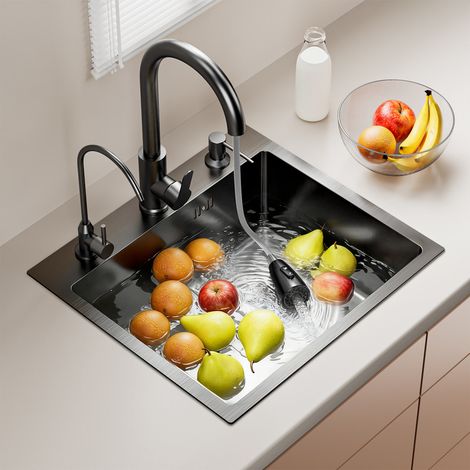 FIANAO – Évier de cuisine 1 bac en inox noir avec robinet – encastrable, panier filtre – 50 × 45 × 20 cm (1/5)