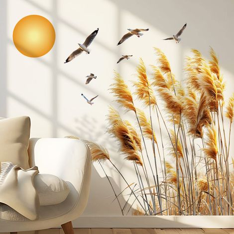 Lot de 2 autocollants muraux en roseau naturel, motif coucher de soleil, plantes et oiseaux, pour chambre, salon, salle de classe et bureau (1/5)