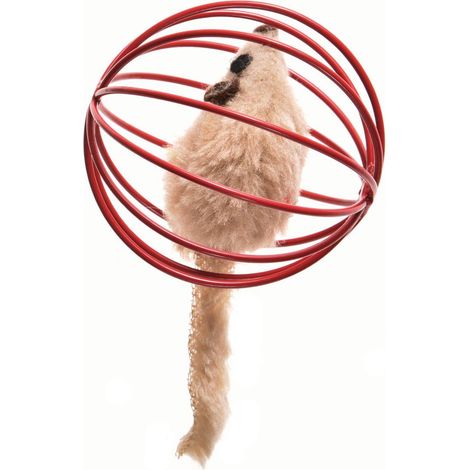 Souris beige dans une balle rouge jouet pour chat taille 6 cm