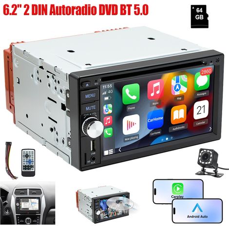 Autoradio stéréo 2 DIN, lecteur CD/DVD, Carplay, Android Auto, Bluetooth, USB, BT, AUX - 12CAM 64G
