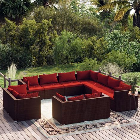 11-tlg. Garten-Lounge-Set mit Kissen Braun Poly Rattan (1/5)
