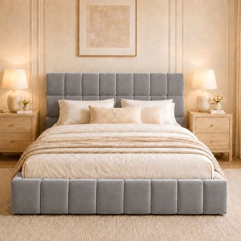 Cama adulto 140x200 cm - Cama doble - Con cabecero tapizado y laterales tapizados - Con somier de lamas - Sin colchón - En tela - Gris (1/3)