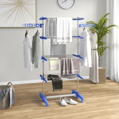 Stendibiancheria mobile a torre pieghevole, 6 ruote, barra laterale regolabile, acciaio inox blu (1/5)