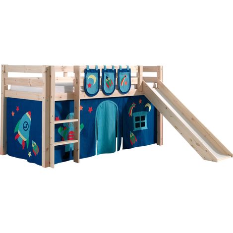 Lit toboggan 90x200 avec tente et 3 pochettes astra pin massif clair Pino (1/3)