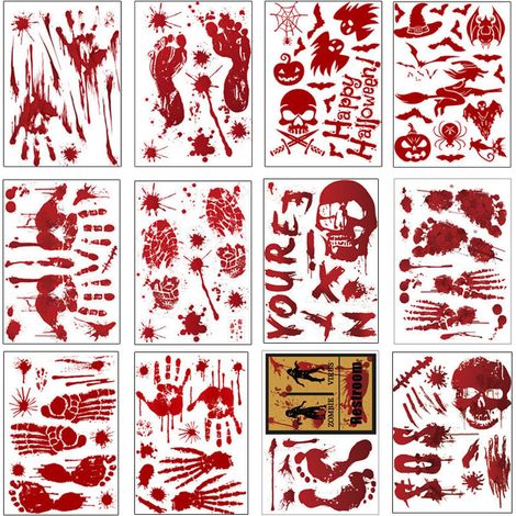 Autocollant Fenetre Halloween - Main Sanglante Et Empreinte Sanguinolente - Decoration Interieure Pour Vitre Miroir Porte - 12 Unites (1/5)