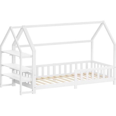 ML-Design Letto a Casetta 90x200 cm per Bambini, Colore Bianco, in Legno di Pino, con Protezione Anticaduta e Libreria Integrata, Tetto e Rete a Doghe, Letto a Terra Montessori per Cameretta