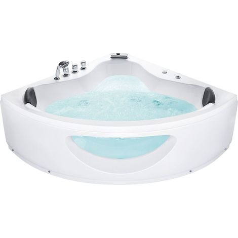 Baignoire d'Angle Balnéo 140 cm en Acrylique Blanc 2 Personnes 12 Jets à LED Tocoa