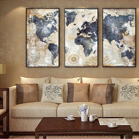 Tableau carte du monde - Unbrand - Impression toile intissée - Dimensions 30x60 cm - 3 panneaux - Panneau bois (1/2)