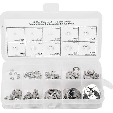 Kit d'assortiment de 120 circlips externes en acier inoxydable avec rondelles E, bagues de retenue, diamètres 1,5 mm et 10 mm. WHBYV (1/4)