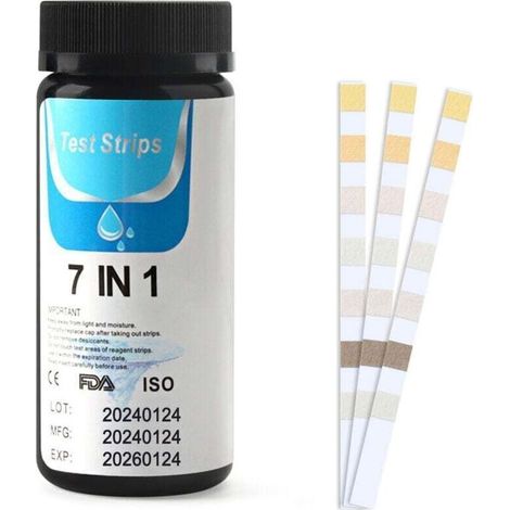 7 en 1 Testeur pour Eau de Piscine et Spa, 50 Bandelettes Test Piscine, Test Piscine Chlore et ph, Le Brome, la Dureté Totale, l’Alcalinité Totale, l’Acide cyanurique, Le Chlore Total (1/4)