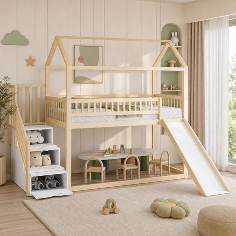 Cama alta infantil con tobogán y escalera 90x200 OKMYHOME (1/5)