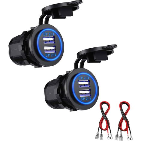 2 PCS Prise Chargeur USB Double 12V 24V Câble 60cm Étanche Pour Voiture Bateau Moto Camping-Car