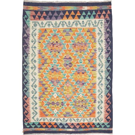 Tapis d'orient 97 x 148 cm, motif géométrique, multicolore, bleu et orange, en laine naturelle, tissé plat (1/5)