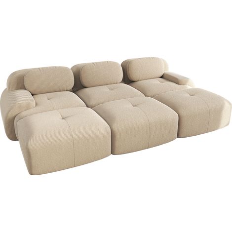 Canapé modulable 3 places en tissu velours côtelé beige avec 3 poufs, sans cadre, livraison sans montage (1/5)