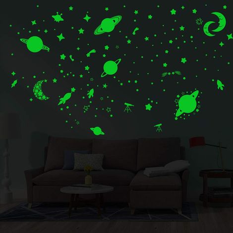 Stickers muraux phosphorescents étoiles et planètes, galaxie, lune, étoiles, fusée, plafond, autocollants muraux pour chambre à coucher, salon, anniversaire, décoration de Noël Vert (1/4)