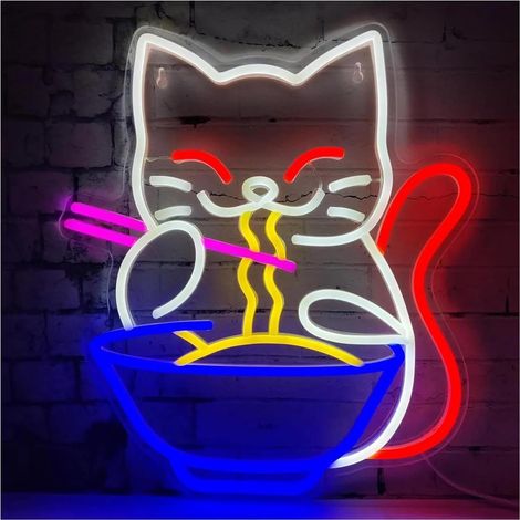Panneau lumineux néon en forme de chat ramen coloré pour décoration murale, nouilles, panneau LED USB pour restaurant, maison, bar, cuisine, salle à manger, vitrine de magasin, cadeau pour amis (1/5)