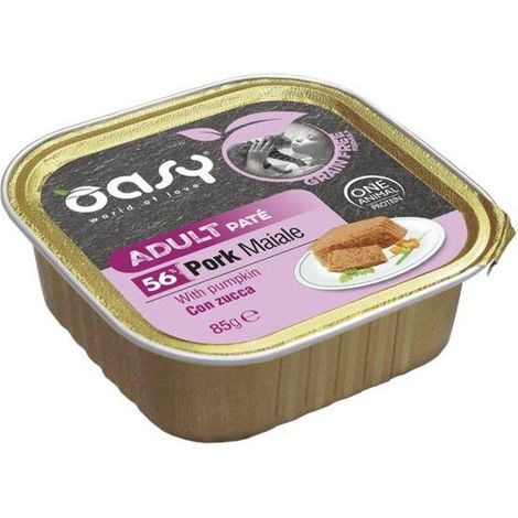 Oasy Pâté sans céréales Barquette de pâté sans céréales pour chats 85 g - Porc et potiron 85 g