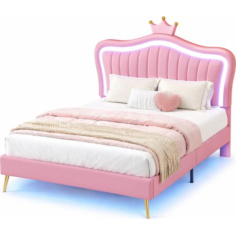 Lit Enfant Double avec LED Réglable et Tête de Lit Réglable 140 × 200 cm, sans Matelas, Rose, Rembourré (1/4)