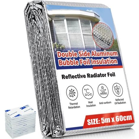 Feuille D'isolation de Radiateur, 5m x 60cm Réflecteur de Feuille D'isolation à Bulles 4mm D'Épaisseur Film de Radiateur à Enveloppe Réfléchissant la Chaleur avec 12 Tampons Adhésifs (1/5)