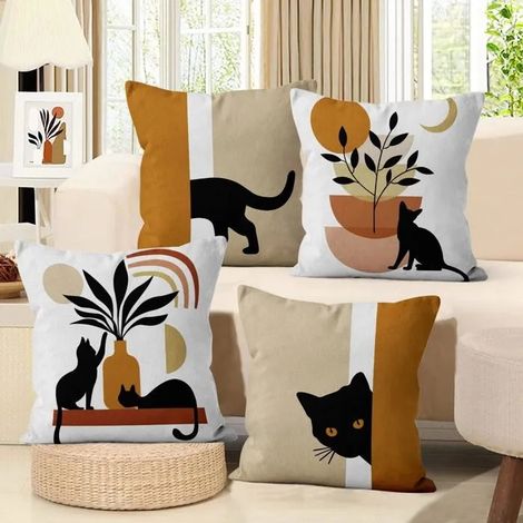 Housse de Coussin Boho 45x45cm Set de 4, Abstrait Chat Noir Plante Soleil Lune Taie d'oreiller décorative Art Moderne Minimaliste (1/5)