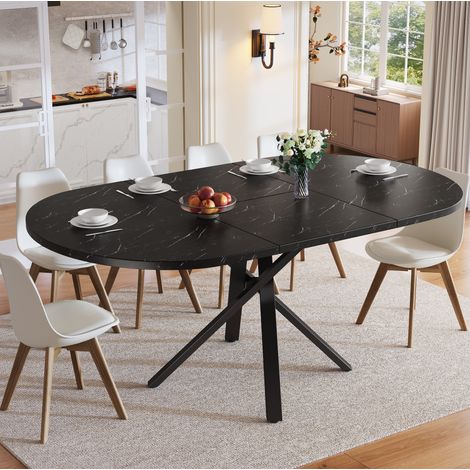 Table extensible rotondo in MDF effetto marmo nero e metallo nero 100/140x100x75,5 cm (1/5)