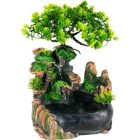 HAUTOUR Fontaine à eau de table - Décoration Fontaine d'intérieur - Aspect rocher avec écoulement d'eau Résine et plastique, peint à la main, pompe 220 V, câble de 1,4 m, 20 x 15 x 28 cm, noir et ver (1/5)