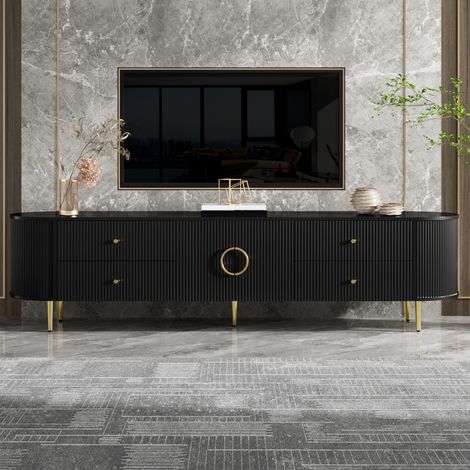 Mueble TV 110x30 cm negro y rústico con 3 niveles y almacenamiento (1/5)