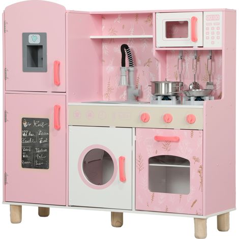 Cocina de Madera Infantil con Sonido Fogón Horno Grifo Fregadero Microondas Lavadora Máquina de Hielo Rosa (1/5)
