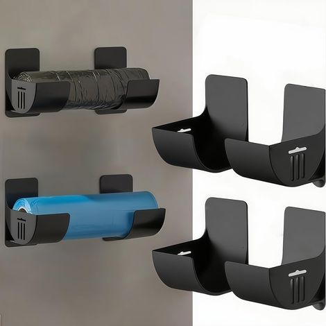 Lot De 4 - Support Sac Poubelle - Accessoire Cuisine - Organisation Déchets - Fixation Plastique Robuste Pour Meuble Ou Porte - Noir - Dimensions Standard