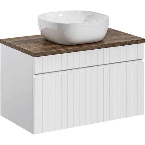 Meuble sous vasque suspendu ICONIC blanc 80 cm avec le plan chêne Santa Fe et sa vasque Smile (1/5)