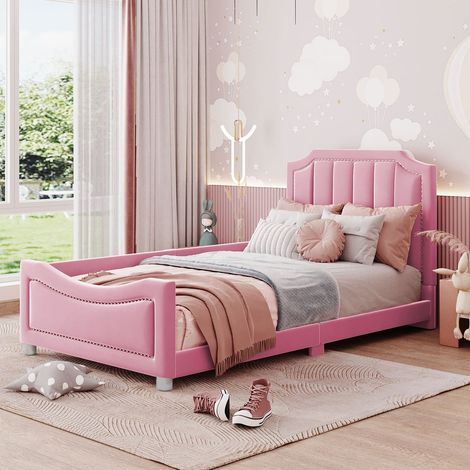 Lit banquette 90x200 cm en velours rose avec accoudoirs et dossier, lit enfant ou d’appoint multifonction (1/5)