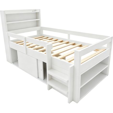 Letto bambino multifunzione 90 x 200 cm bianco con contenitori, LED e USB (1/5)