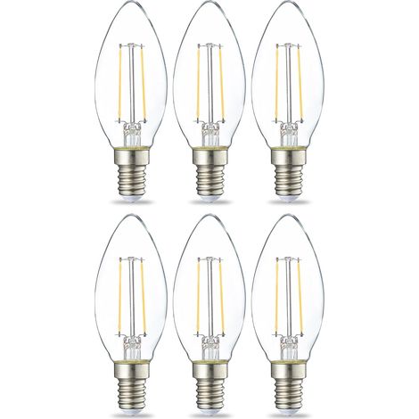 Lot de 6 petites ampoules LED en forme de flamme, culot E14, 2 W (équivalent 25 W incandescent), filament transparent, non dimmable, lumière blanc chaud. (1/5)