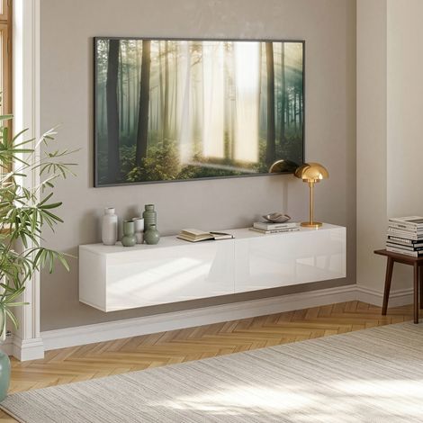 Mobile Pensile Evaton Porta TV da Parete 160 x 32 x 30 cm - Bianco Lucido [en.casa]