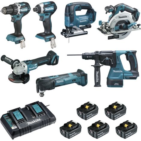 Packung mit 7 18-V-Maschinen – Bohrer DDF484 + Schraubendreher DTD154 + Schleifer DGA506 + Säge DHS680 + Locher DHR243 + Fräser DTM51 + Säge DJV182 – MAKITA – mit 5 Akkus 18 V 5 Ah + 2 Schnellladegerä