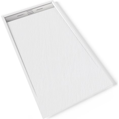 HIEMAL INOX Receveur de douche 90 x 170 cm résine Blanc aspect ardoise + bonde inox incluse - Salle de bain