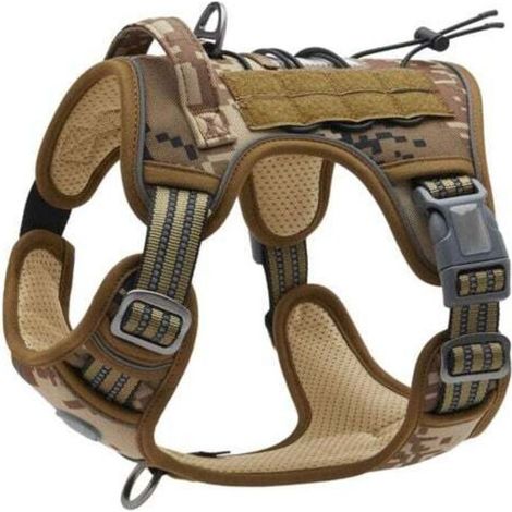 Harnais anti-traction pour chientactique respirant réglable, réfléchissant et durable en tissu militaire, taille M, camouflage désert (1/4)