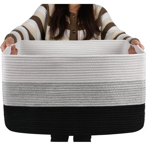Schwarzer Deckenkorb, dreiteilig, 48 x 28 x 23 cm, 1 rechteckiger Korb aus gewebtem Baumwollseil, Babyaufbewahrung mit Griff (1/5)