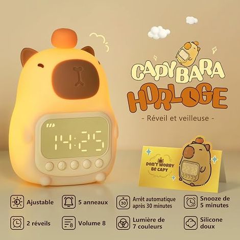 Sveglia Orologio Capibara con Luce Notturna per Bambini, Lampada Ricaricabile in Silicone, Graziosa Lampada Animale da Scrivania, Compagna per il Sonno di Bambini e Bambine (1/4)