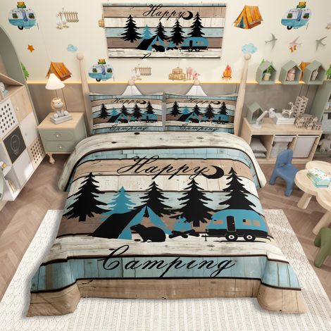 Parure de lit rétro avec housse de couette 135 x 200 cm Motif ferme rustique Camping Enfants Parure de lit Tentes Feu de camp Pins Planche en bois Décoration (1/5)