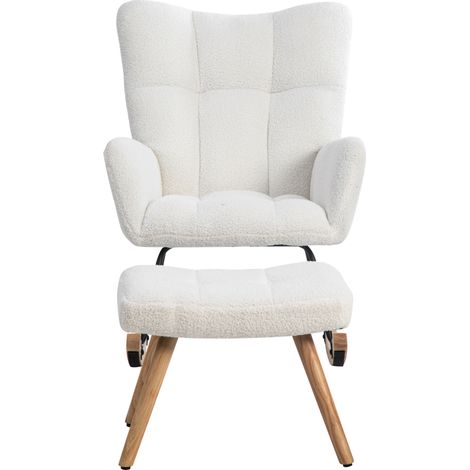 Fauteuil à bascule ergonomique blanc avec repose-pieds, cadre en bois de caoutchouc, hauteur 92 cm, largeur d'assise 65 cm (1/5)