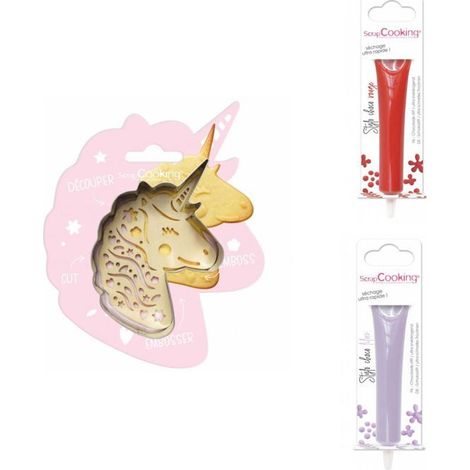 Kit pour biscuit en relief Licorne + 2 Stylos au chocolat rouge et lilas