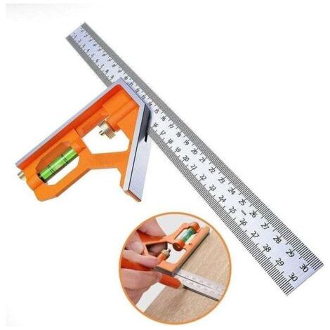 royaluxe-Règle d'angle de Combinaison Angle Combiné en Acier Inoxydable 300 mm Équerre Dombinée Règle de Positionnement avec Niveau à Bulle Outil de Menuisier pour Mesures D'angle de Charpentier à 45 