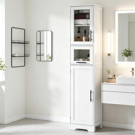 Meuble colonne de salle de bain autoportant, armoire haute avec tiroir, 2 portes et étagères réglables (1/5)