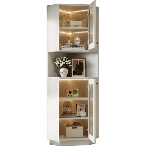 Badezimmerschrank Ecke mit 1 Tur, 2 Offenen Fachern und Verstellbarem Einlegeboden mit LED, aus MDF, Weiss (1/5)