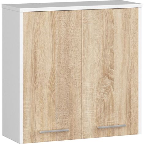 Armario colgante de baño AKORD FIN Blanco 60 cm 2 puertas frente en color Roble Sonoma 2 estantes 60x22,5x60 cm (1/5)