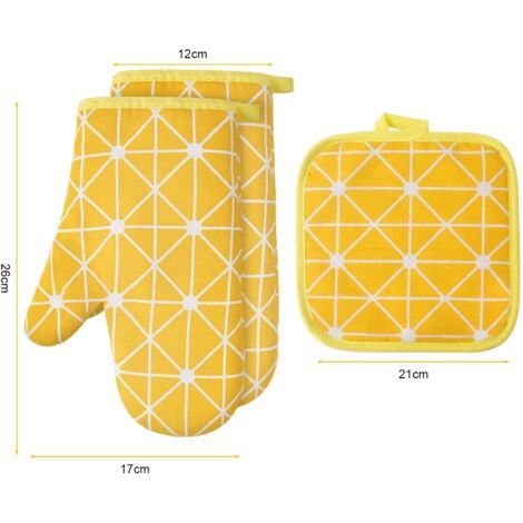 Gants de Four, 1 Paire Gants de Cuisine Coton avec 2 Maniques Cuisine, Lavable Gant Cuisine Four, Gants de Cuisine Antidérapants, Gant Cuisine Anti Chaleur pour Barbecue, Cuisson (Jaune) (1/5)